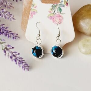 Blue Round Agate Stone Earrings, Silver-Plated Wire Wrapped Dangle Earrings